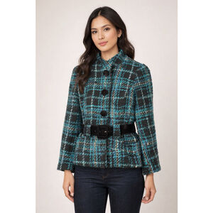Woven Plaid Jacket Teal Black Belted Textured Short Jacket No Brand